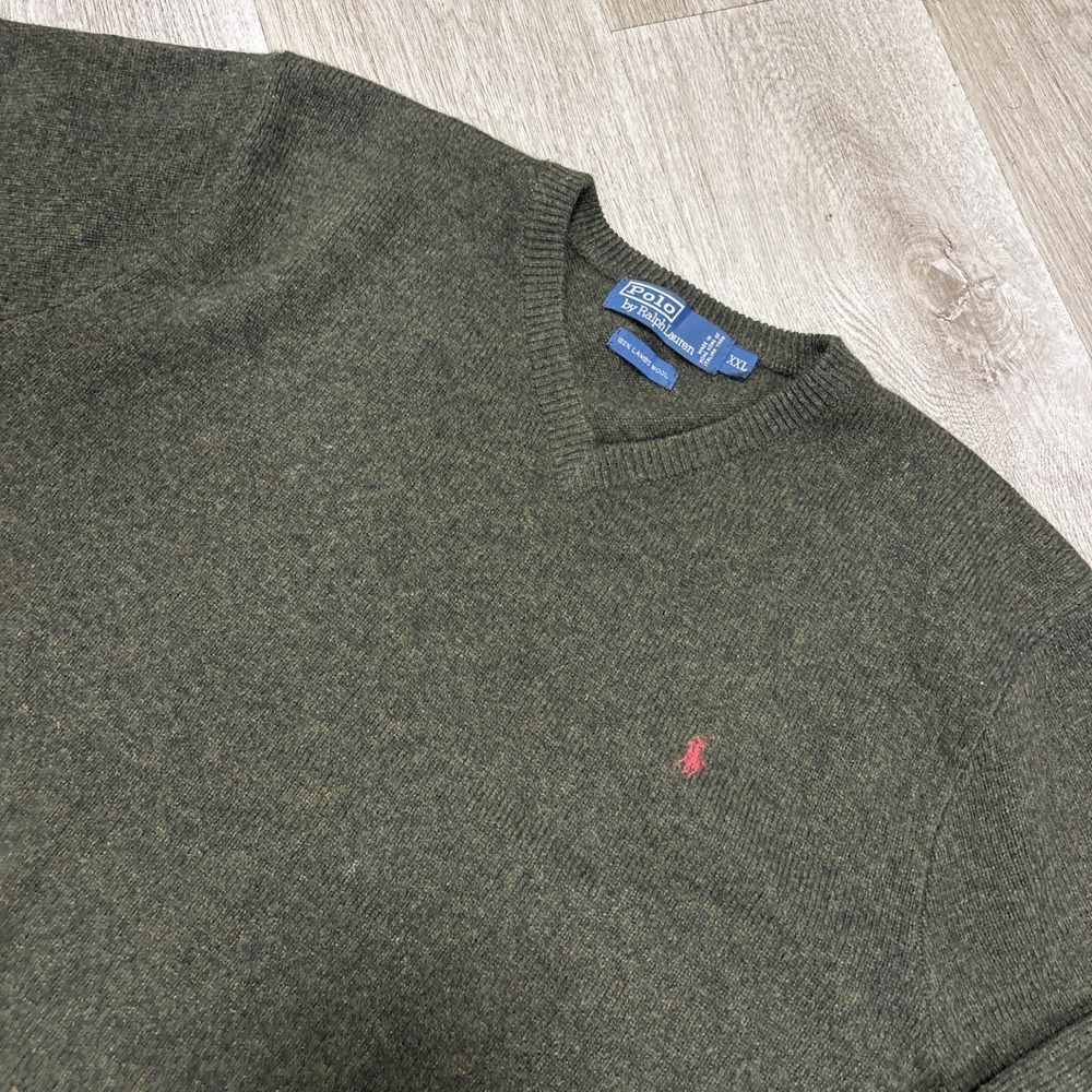 Polo Ralph Lauren Mens XXL Olive Green 100% Lambswool V-Neck Sweater Italian